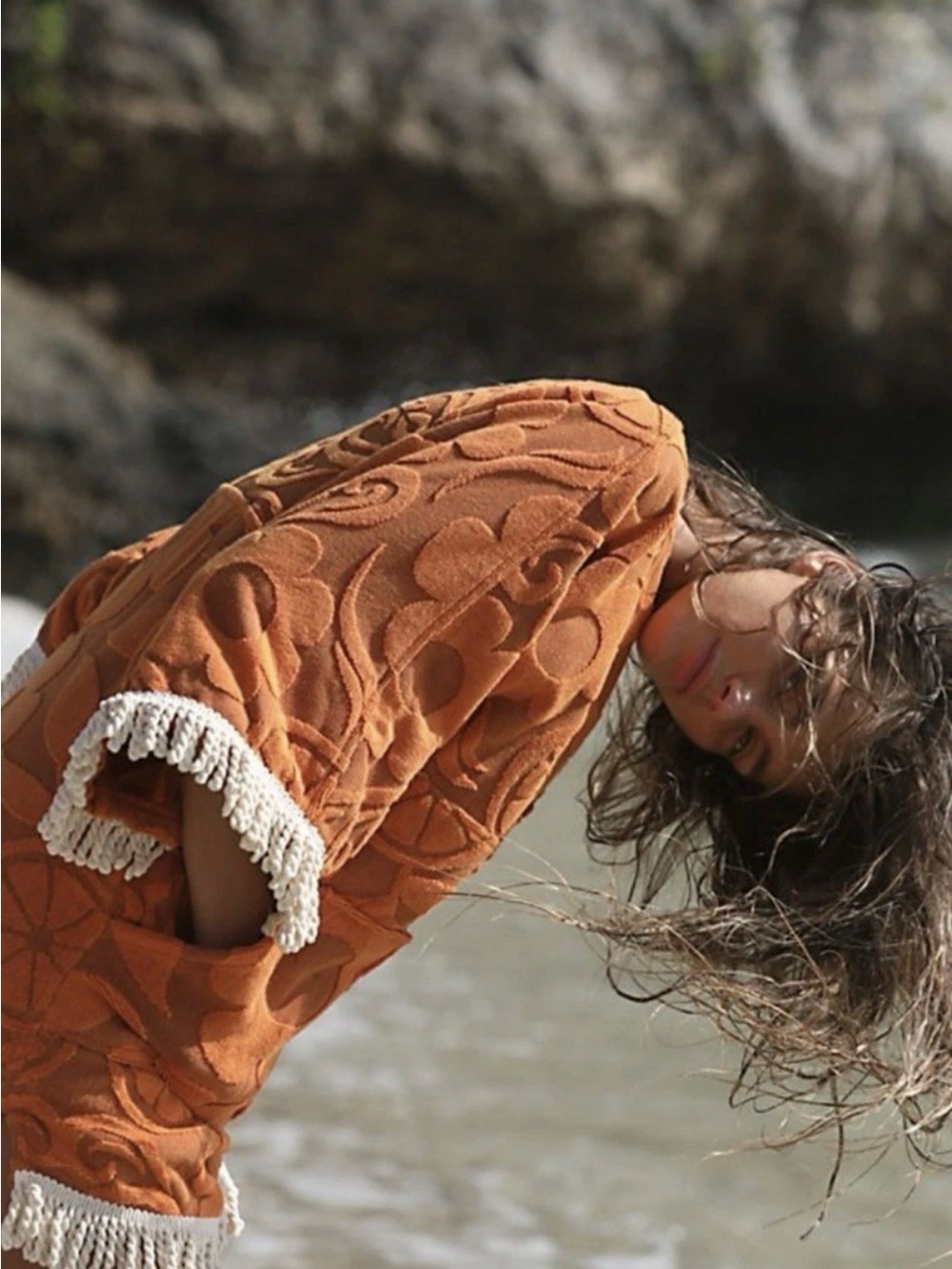 Free People Spell Pomelia Terry Throw Over Fringe Embroider Floral Sun Orange - Picture 6 of 8